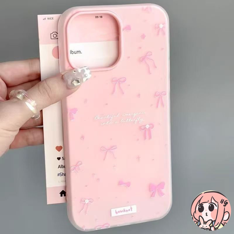 สำหรับ IPhone 16 17 12 15 13 11 14 Pro Max XR XS X Max 6s 6 7 8 Puls โบว์มุกริบบิ้นสีชมพู ปกอ่อน 2 in 1 ใหม่