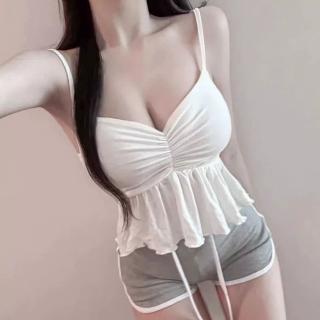 เสื้อแขนกุด สีพื้น สายเดี่ยว คอวี การออกแบบแบบจีบ สลิมฟิต สไตล์เกาหลี แฟชั่น เสื้อกล้าม - รูปที่ 4