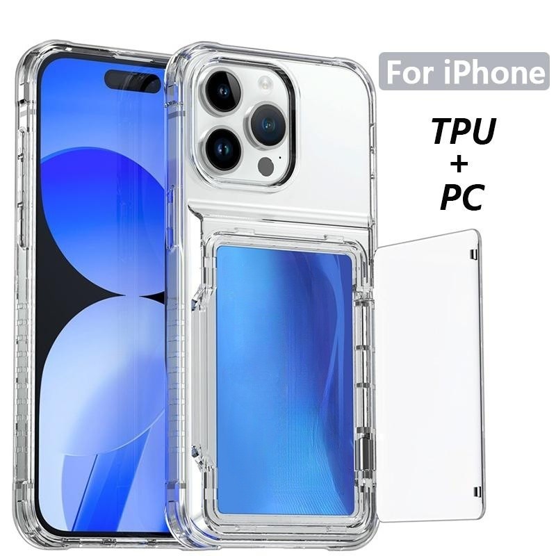 โปร่งใส TPU + PC สําหรับ iPhone 17 Pro/16 Pro Max/15Pro/14/13/12/11 ฝาครอบกันกระแทกป้องกันกรณีพร้อมผู้ถือบัตรสําหรับ iPhone 15 16 PRO MAX กรณี