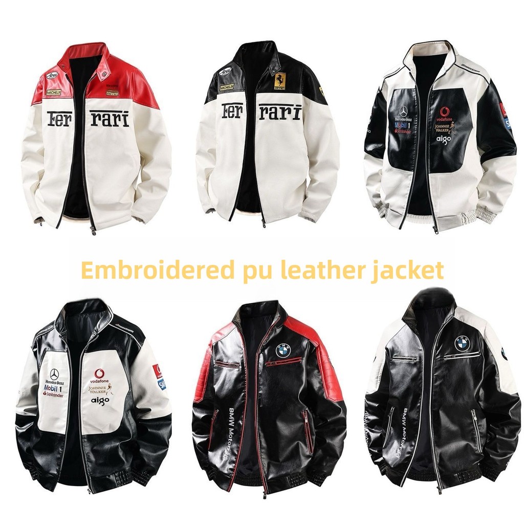 F1 Racing Leather Jacket ปักลาย PU Racing Suit Stand Collar Slim-fit Leather Jacket 2025
