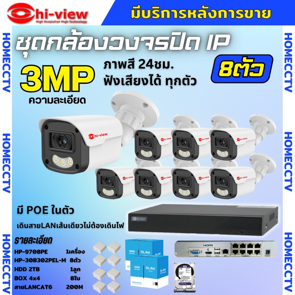 Hiview ชุดกล้องวงจรปิด 3 ล้านพิกเซล 8ตัว IP ระบบPOE สี24ชม.ฟังเสียง ไม่ต้องเดินสายไฟ ติดตั้งง่าย ภาพ