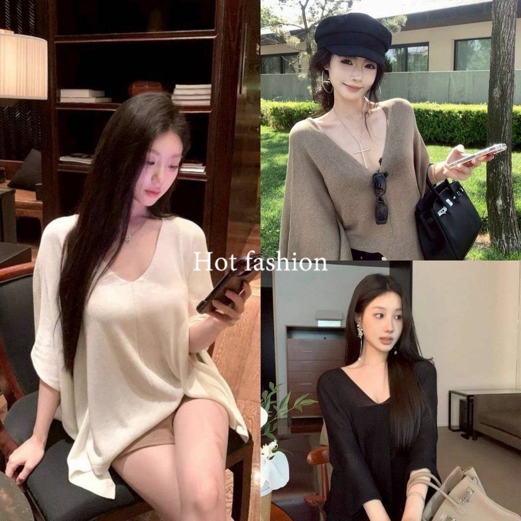 HOT FASHION THAI พร้อมส่ง เสื้อไหมพรมแขนสั้น คอวี ดีเทลทรงหลวมๆเก๋มากแม่-U213