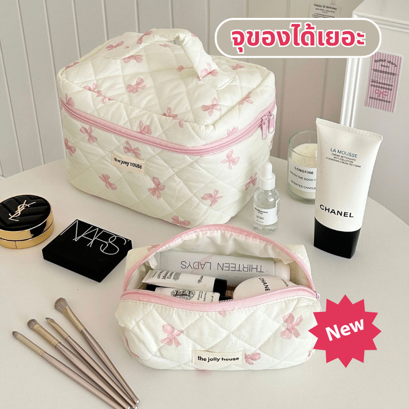 COD🎀 กระเป๋าเครื่องสําอาง โบว์สีชมพู ขนาดใหญ่ cosmetic bag แบบพกพา จุของได้เยอะ