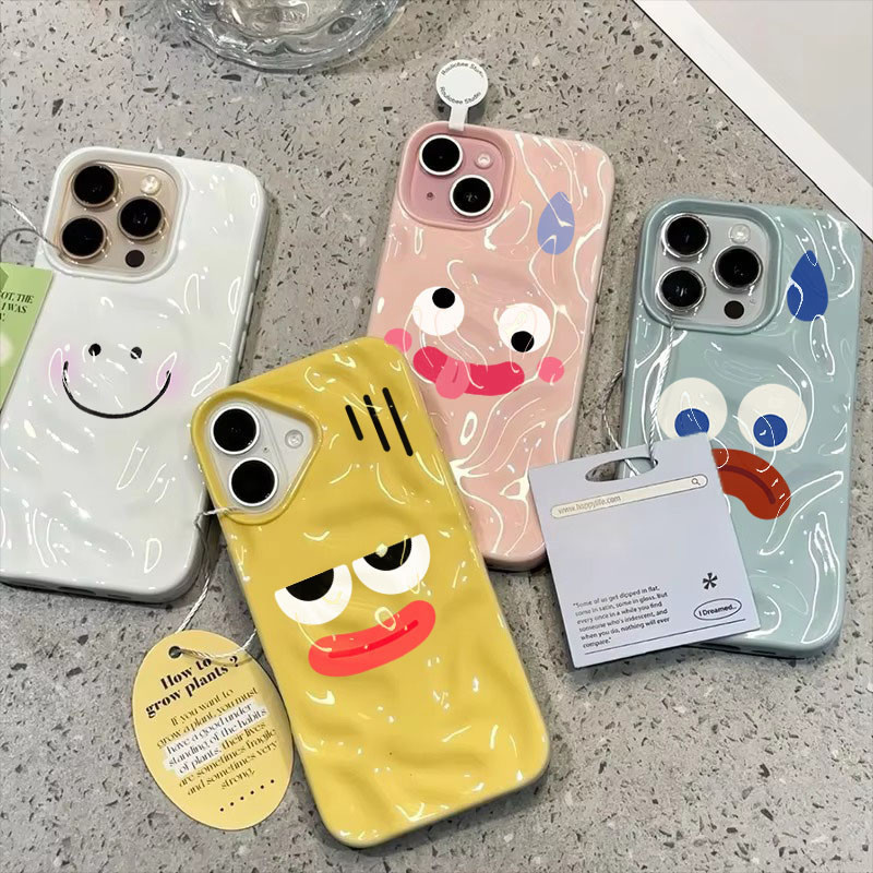เคสโทรศัพท์แสดงออกตลกน่ารักสําหรับ iPhone 16 15 11 12 13 14 Pro Max 16 Plusซิลิโคนอ่อนนุ่ม Wave พับรูปแบบฝาครอบกันกระแทก – โปรปัง