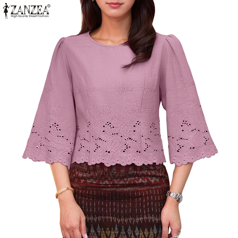 เสื้อลูกเรือสำหรับผู้หญิง สไตล์เกาหลี แขน 3/4 ลายลูกไม้และตัดเย็บเปิดช่องอากาศ