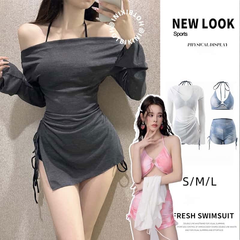 🩷Hot.bikini🩷ชุดว่ายน้ำแฟชั่น+เสื้อคลุม บีกีนี่ชุดว่ายน้ํา set 3 ชิ้น แขนยาว ส่งไวจากไทย