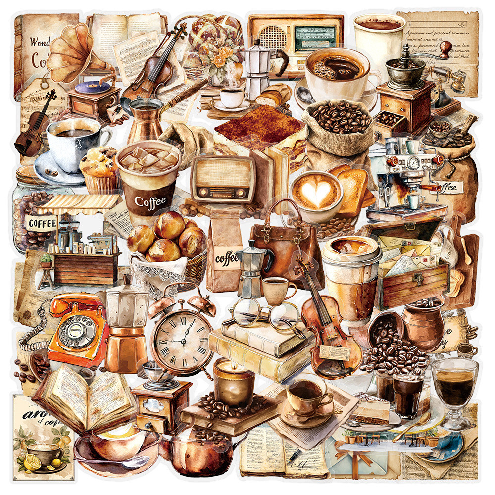❉ คาเฟ่วินเทจ. Retro Coffee Time Series 02 สติ๊กเกอร์ PET ❉ 50 ชิ้น/เซ็ตกันน้ําแฟชั่น DIY Doodle Decals สติ๊กเกอร์