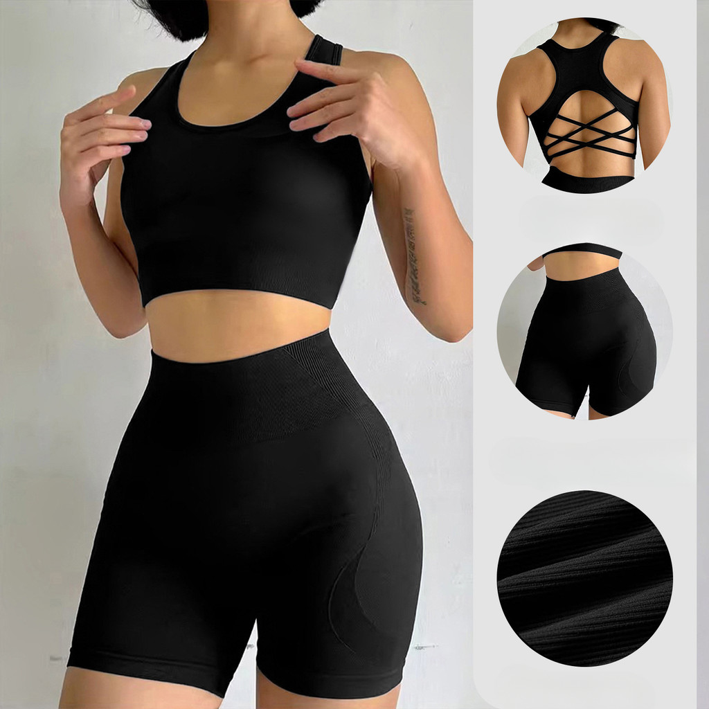 PULAM ชุดเสื้อโยคะไร้รอยต่อ 2 ชิ้น (Top+กางเกง) ซับเหงื่อ ระบายอากาศ แห้งเร็ว