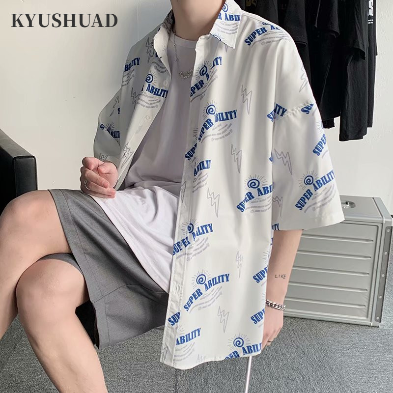 KYUSHUAD คิวชวด ใหม่เสื้อเชิ้ตผู้ชายเวอร์ชั่นเกาหลีย้อนยุคลําลองระดับไฮเอนด์หลวมออกแบบพิมพ์ตัวอักษรห
