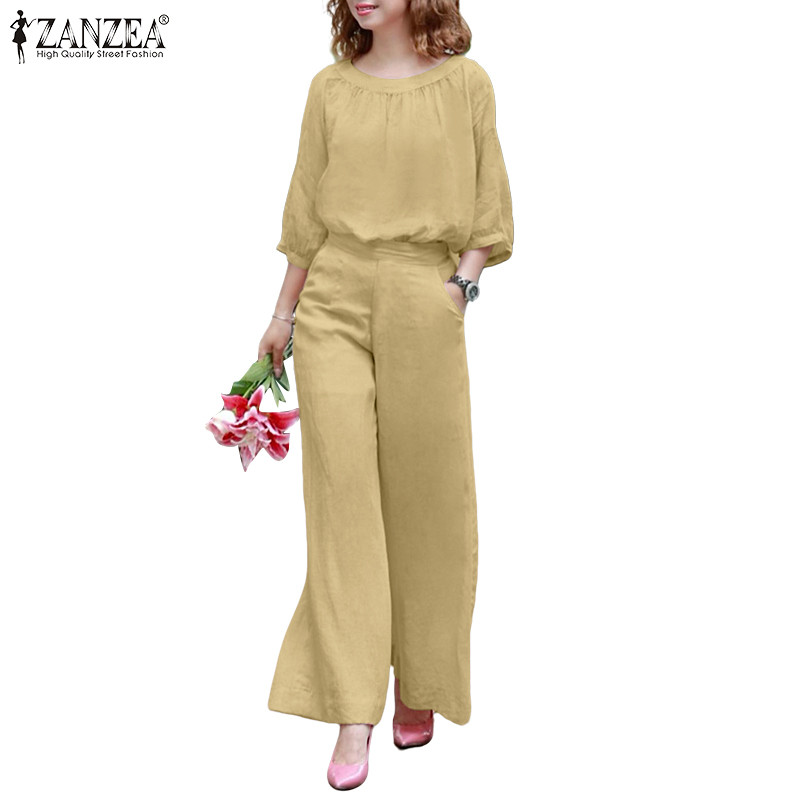 ZANZEA ซานเซีย ผู้หญิงเกาหลีสไตล์ลําลองคอเรือ 3/4 แขนโคมไฟเอวสูงขากว้างชุดสองชิ้น