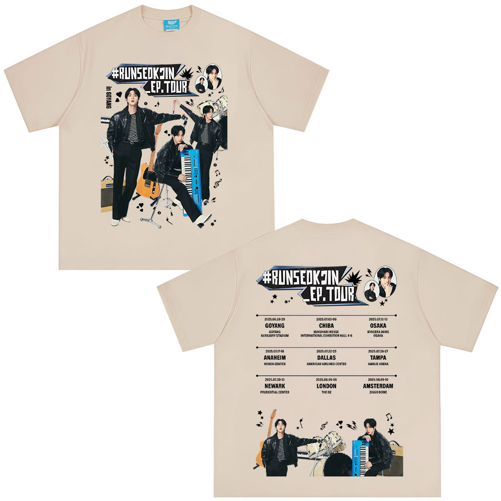 เสื้อยืดแขนสั้นผ้าฝ้าย Jin RUNSEOKJIN EP TOUR 2025 สำหรับทั้งผู้ชายและผู้หญิง ขนาดใหญ่