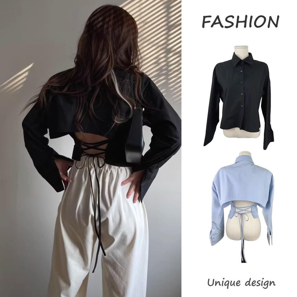 CHILI# เสื้อเชิ้ตแขนยาวสีดำ สไตล์ฝรั่งเศส ผ่าหลังเก๋ๆ ผูกเข็มขัด เซ็กซี่ เสื้อเชิ้ตคอตั้งสั้นแฟชั่นหญิง #W517