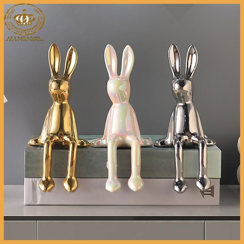 เขา เครื่องปั้นดินเผาเคลือบตุ๊กตากระต่ายงานฝีมือเซรามิกสําหรับการตกแต่งชั้นวางหนังสือโต๊ะ