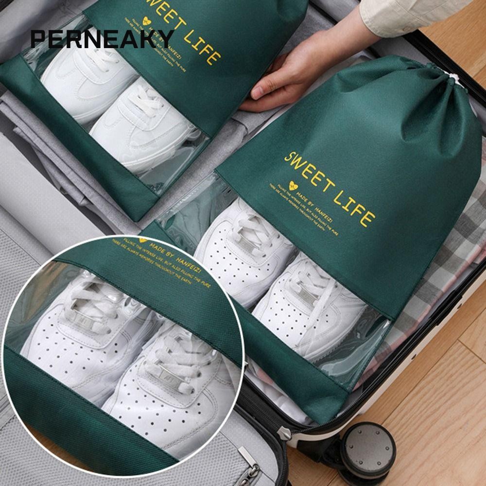 PERNEAKY กระเป๋าหูรูด, Home Organizer กระเป๋าเก็บรองเท้าโปร่งใส, ทนทานไม่ทอ Moisture-proof Dust-Proof Travel Shoe Bag สําหรับการเดินทาง