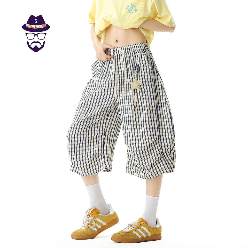 ONEs 16A5 K8962PG940 ฟรีจี้ผม Bubble Check Cropped กางเกงผ้าไหมน้ำแข็งแบบcropped สไตล์ลำลองอเมริกัน