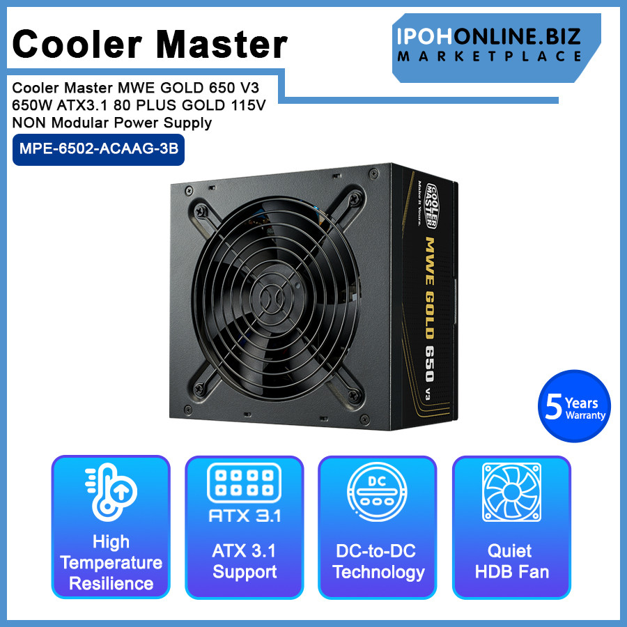 Cooler Master MWE GOLD 650 V3 650W ATX3.1 80 PLUS GOLD 115V NON Modular Power Supply