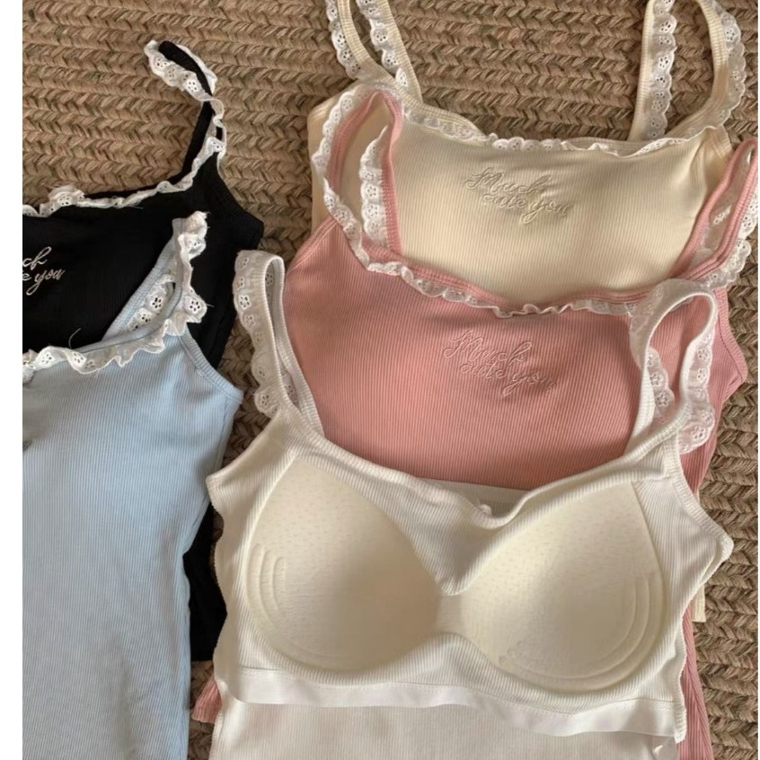 Mini shop🌸พร้อมส่ง🌸(FY1072) เสื้อสายเดี่ยว มีฟองน้ำ แต่งลูกไม้ สีพาสเทล ดีเทลปักลายตัวอักษรน่ารัก ใส่สบาย รูปที่ 5