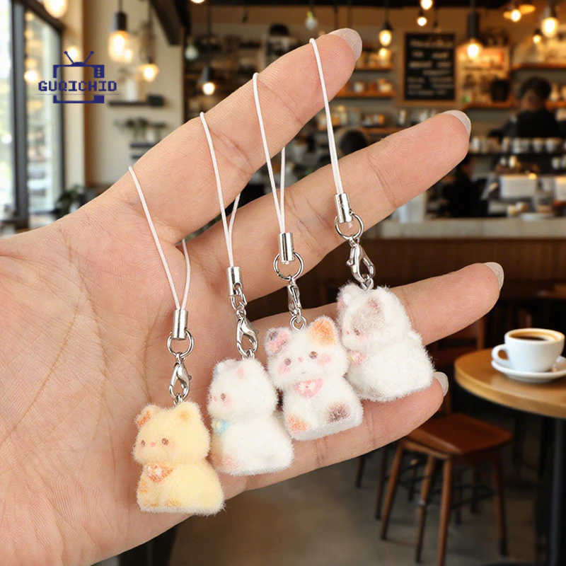 3D Flocking สัตว์น่ารักจี้โทรศัพท์ Lanyard แขวน Keycord Charm พวงกุญแจ DIY อุปกรณ์เสริมสาวของขวัญ Anti-Lost