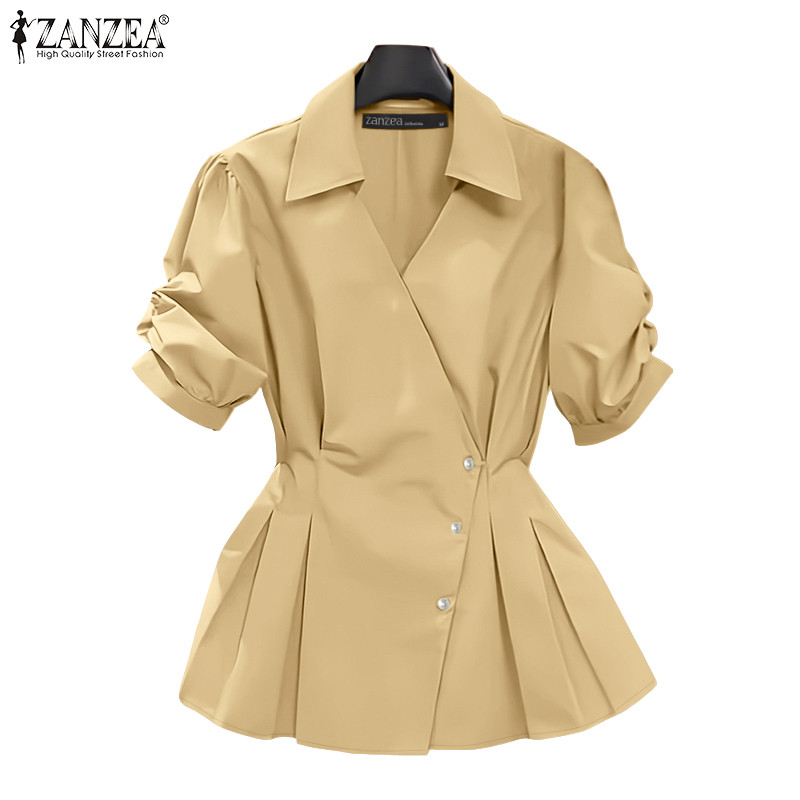 ZANZEA เสื้อเชิ้ตแขนสั้นสไตล์เกาหลี สำหรับผู้หญิง แบบคอวีติดกระดุม - รูปที่ 4