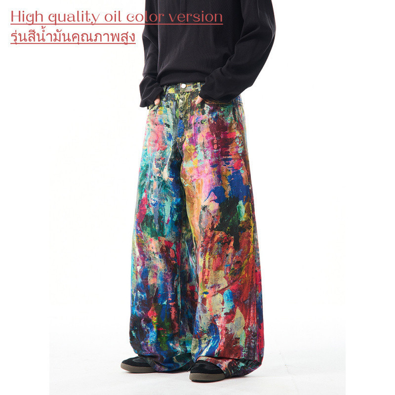 สไตล์อเมริกันเรโทร เอวกลาง กางเกงยีนส์ผู้หญิงฤดูร้อนใหม่ ระดับไฮเอนด์ พิมพ์กราฟฟิตี้หมึก เทรนด์ตรงหลวม