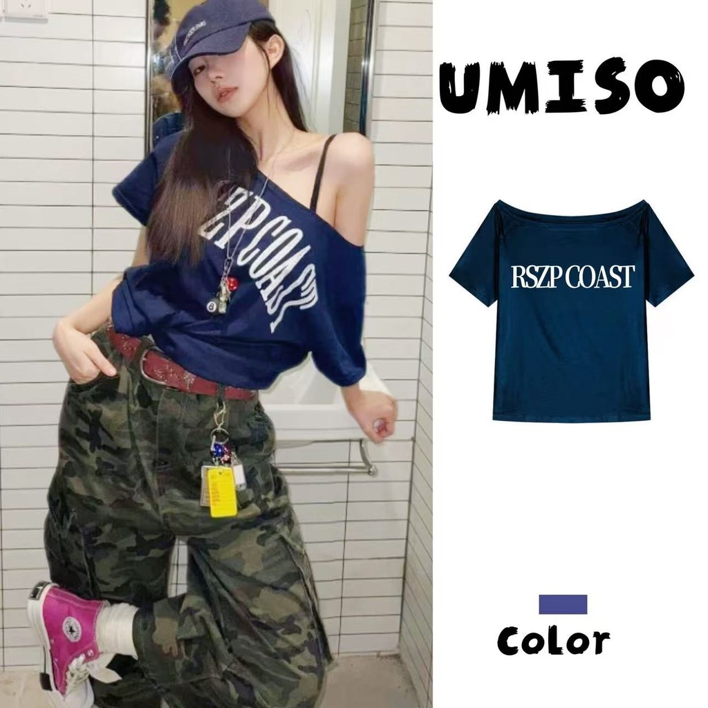 UMISO 100%cotton เสื้อยืดผู้หญิง  เสื้อยืดวินเทจ  เสื้อปาดไหล่  เสือใส่สบาย  ทรงหลวม แบบบาง