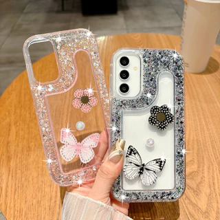 SAMSUNG สําหรับSamsung A06 A07 A17 A16 A26 A36 A56 A14 A34 A54 A05 A05s A15 A35 A55 S26 S25 S24 Plus S26 Ultra 5G Glitterดอกไม้ผีเสื้อฝาครอบนุ่ม