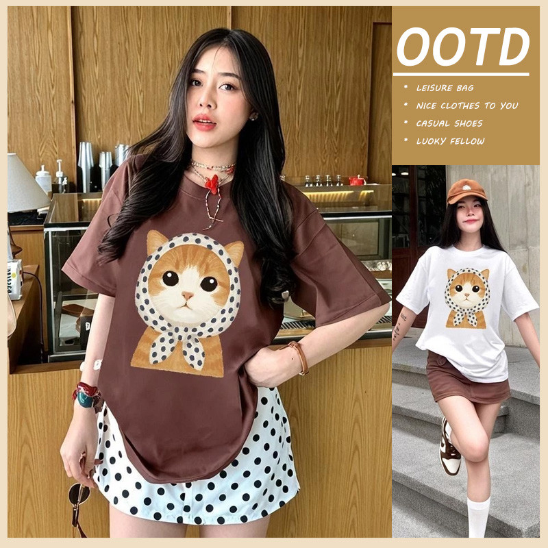T42.SHOP🌸เสื้อหวานๆ สื้อยืด oversize OOTD เกาหลี โคตรนุ่ม ผ้าคอตตอน ลาย "Hooded CAT" สินค้าใหม่ 2025