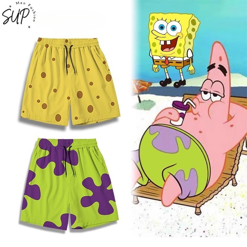 M-5XL อินเทรนด์การ์ตูน SpongeBob Patrick Star กางเกงขาสั้นชายหาดฤดูร้อน Unisex หลวม Fit กางเกงลําลอง