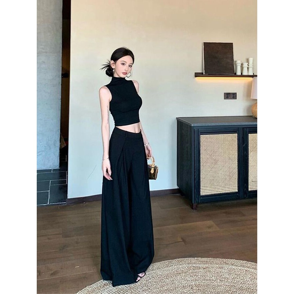 กางเกงสูท [ขาเอวสูง] Casual Slimmer ดู Han Daiwei ไม่สีดํากางเกงขากว้างหลวมผู้หญิงปกเป้าผ้าม่าน Fit 