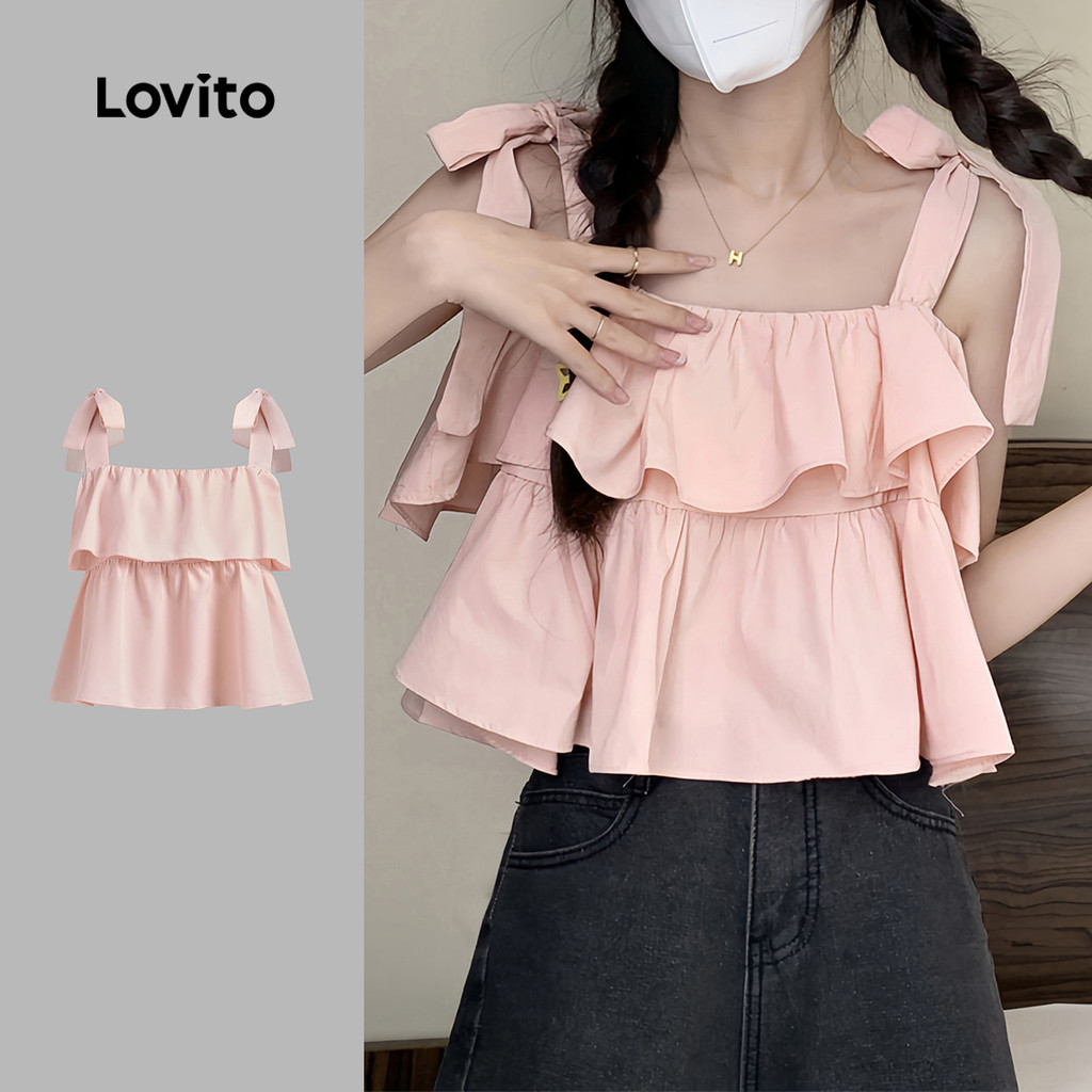 Lovito เสื้อทีเชิ้ตคอพรีตลูกไม้แต่งระบายชั้นรอบสุดหวานสำหรับฤดูใบไม้ผลิ/ฤดูร้อน สีชมพู L144AD128