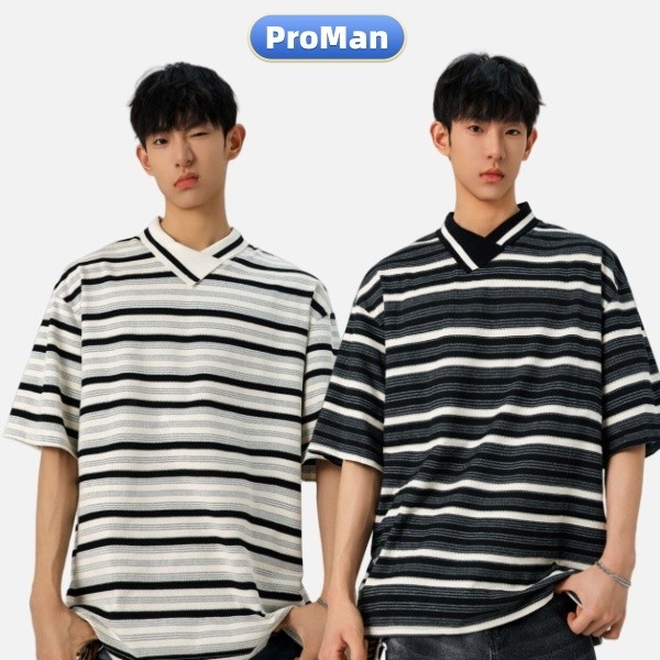 ProMan-แขนสั้นสีเย็บลายทางแบบอเมริกัน เสื้อโปโล ขอบเสื้อผู้หญิงตอนหน้าอกไม่สม่ำเสมอ ความรู้สึกระดับสูง แบบหลวม