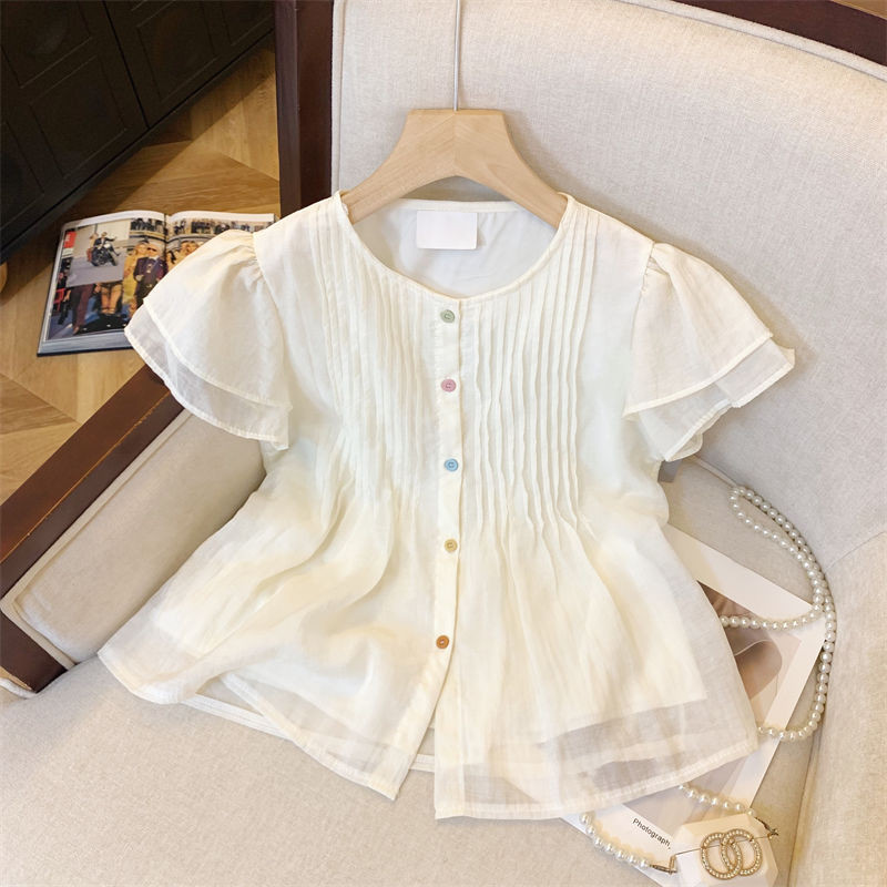 เกาหลี เฟยเฟย แขนเสื้อผู้หญิงฤดูร้อนใหม่ออกแบบอุตสาหกรรมหนักที่มีสีสันกระดุมแถวเดียวสไตล์ตะวันตกหวานด้านบน