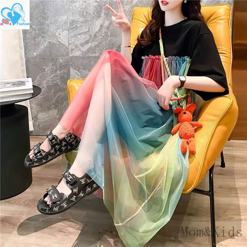 Mom & Kids Summer Plus Size Loose Short-Sleeved Rainbow Gauze ins ชุดคลุมท้องชุดตั้งครรภ์