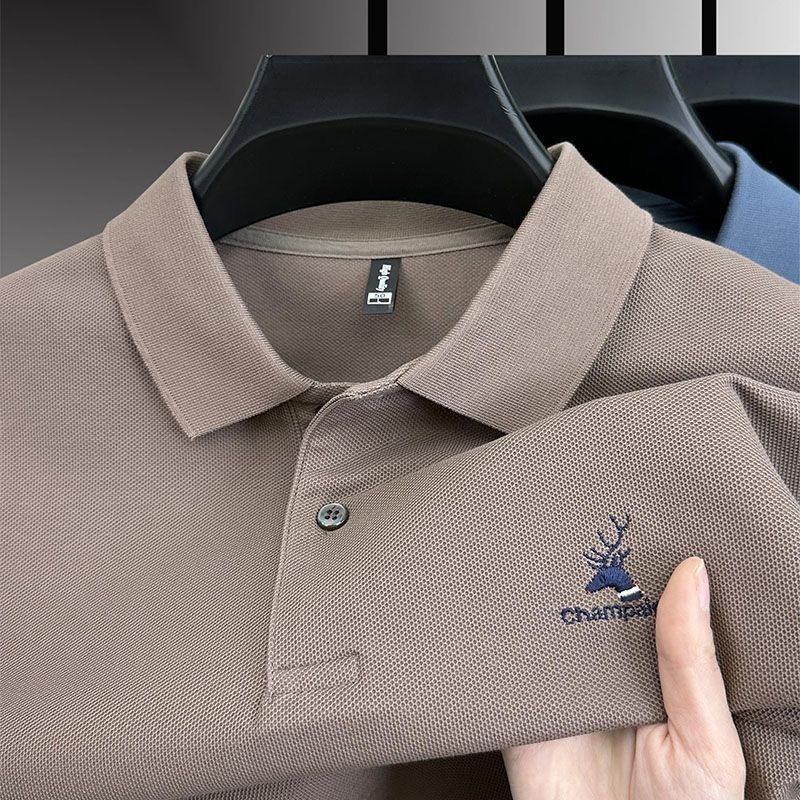 เสื้อโปโลผู้ชายด้านบน,คุณภาพสูงเขากวางปักหนักธุรกิจโปโลแขนสั้นหลวมขนาดใหญ่