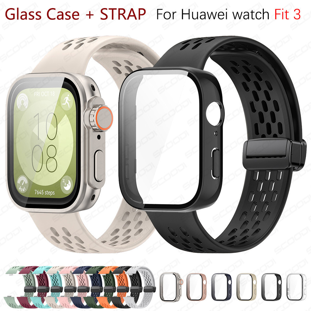 สายซิลิโคนพร้อมเคสกระจกสำหรับ Huawei Watch Fit 3 Smart Watch สายรัดแบบหัวเข็มขัดแม่เหล็ก