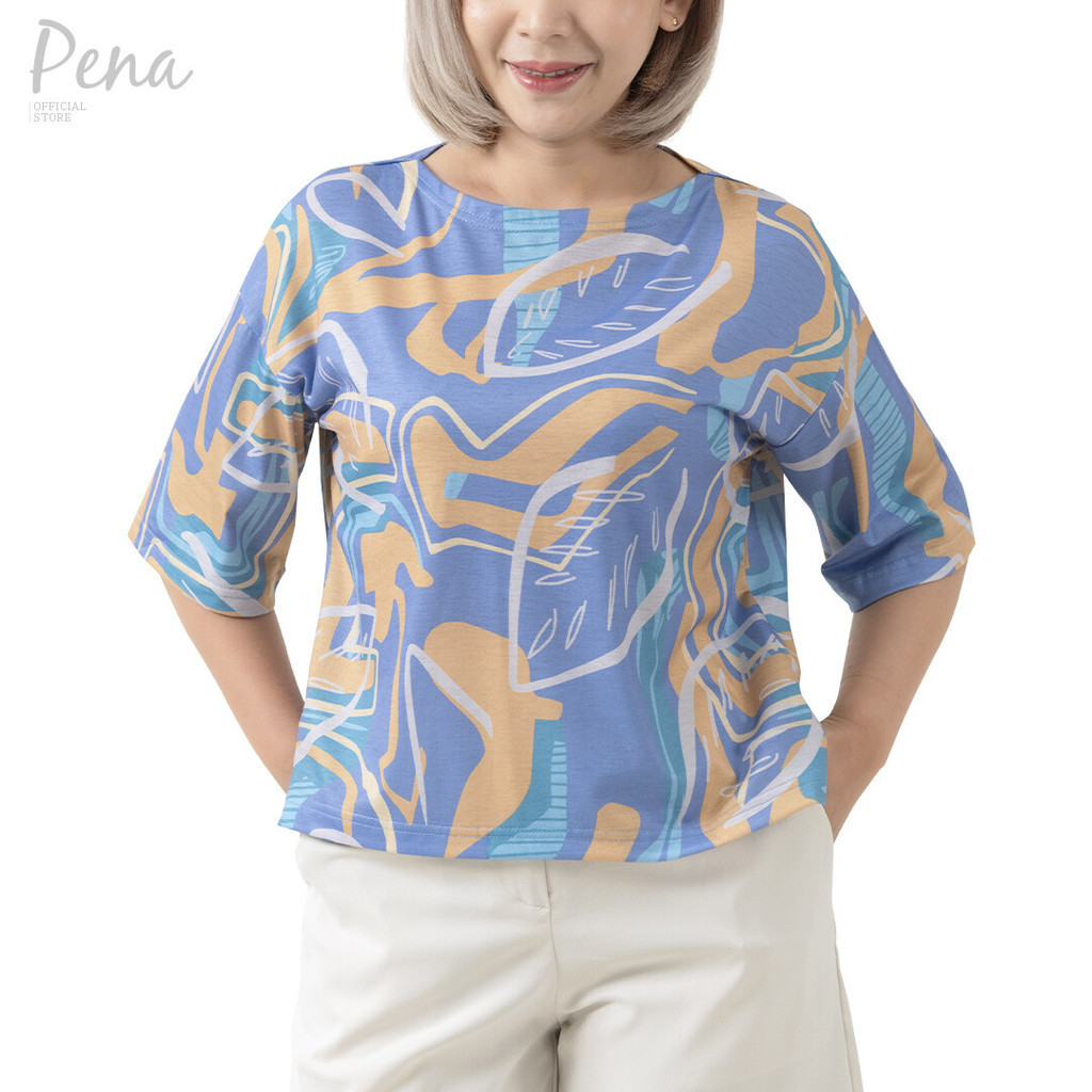 Pena house เสื้อยืดคอกลมทรงครอป แขนสั้น ผ้าพิมพ์ลาย รุ่น PSTS072401
