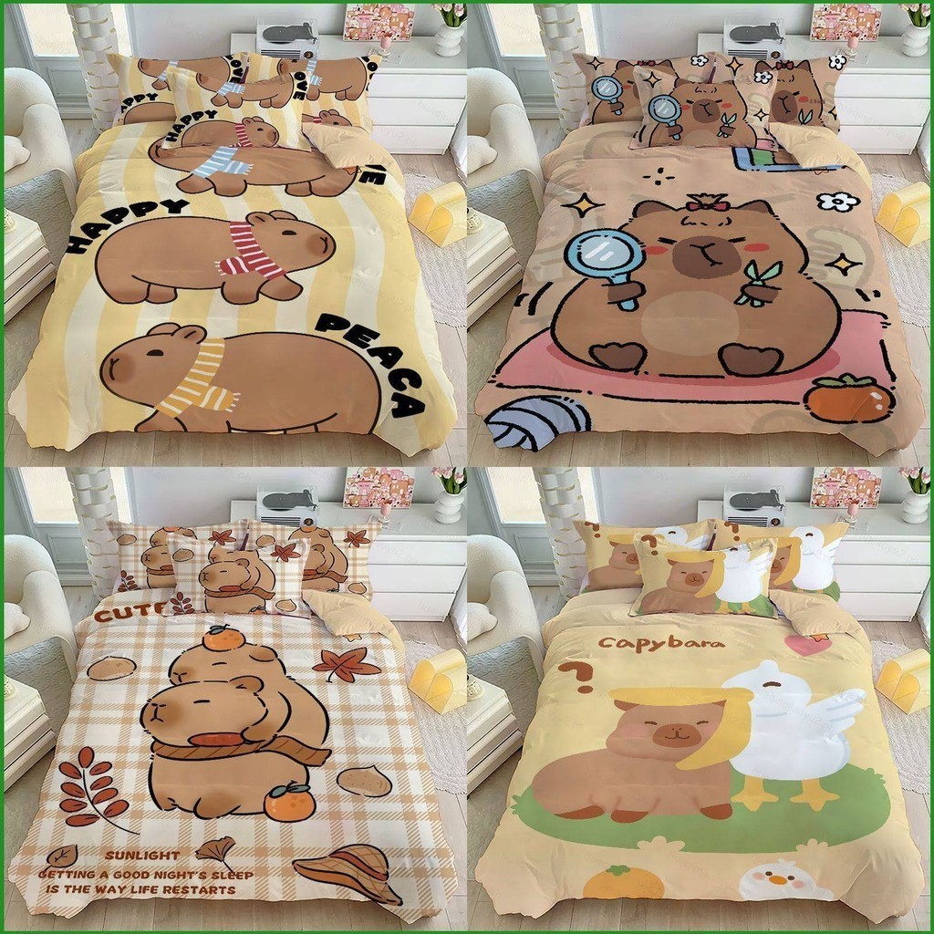 Ca น่ารัก Capybara ชุด 3IN1 ชุดเครื่องนอนผ้าปูที่นอนผ้านวมปลอกหมอนบ้านห้องนอนล้างทําความสะอาดได้หอพัก