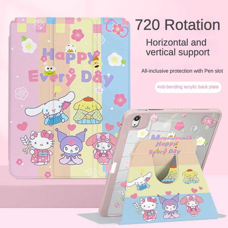 เคส Ipad 360 ° Rotationrainbow Happy Sanrio Kuromi Family พร้อมที่วางปากกาเหมาะสําหรับอะคริลิค iPad Air6 Gen7/8/9 10.2 Gen5/6 9.7 Air4 Air5 10.9 Pro11 Gen10