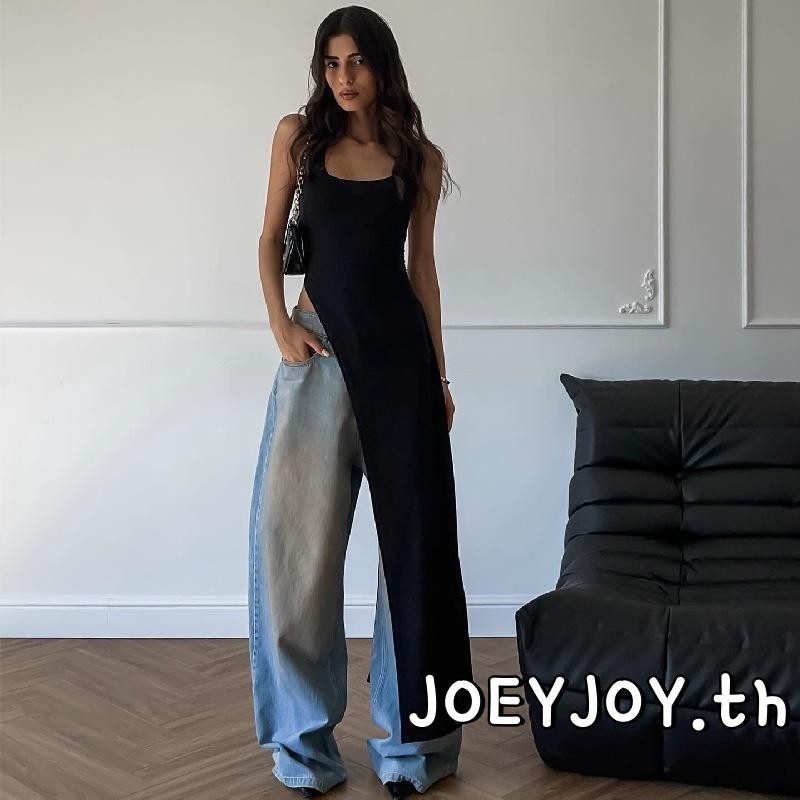 Joeyjoy-เสื้อกล้ามตัวยาวสําหรับฤดูร้อนสําหรับผู้หญิงสีทึบเสื้อยืดแขนกุดชายไม่สมมาตร