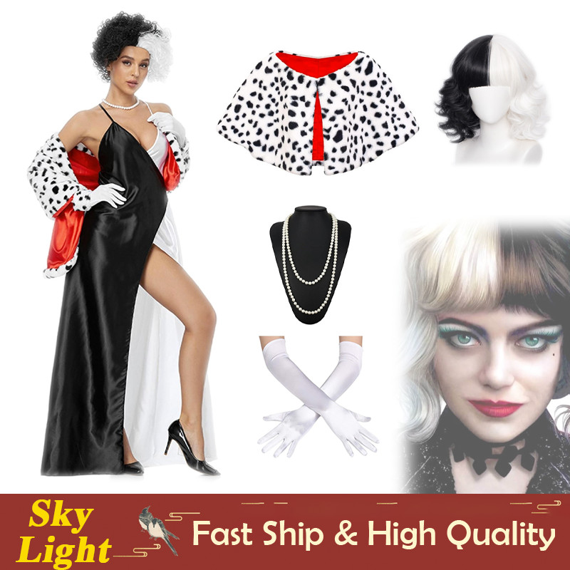 สีดําสีขาว Cruella De Vil คอสเพลย์เครื่องแต่งกายผู้หญิงเซ็กซี่ Halter ชุดผ้าคลุมไหล่ชุดปาร์ตี้ฮาโลวีนชุด