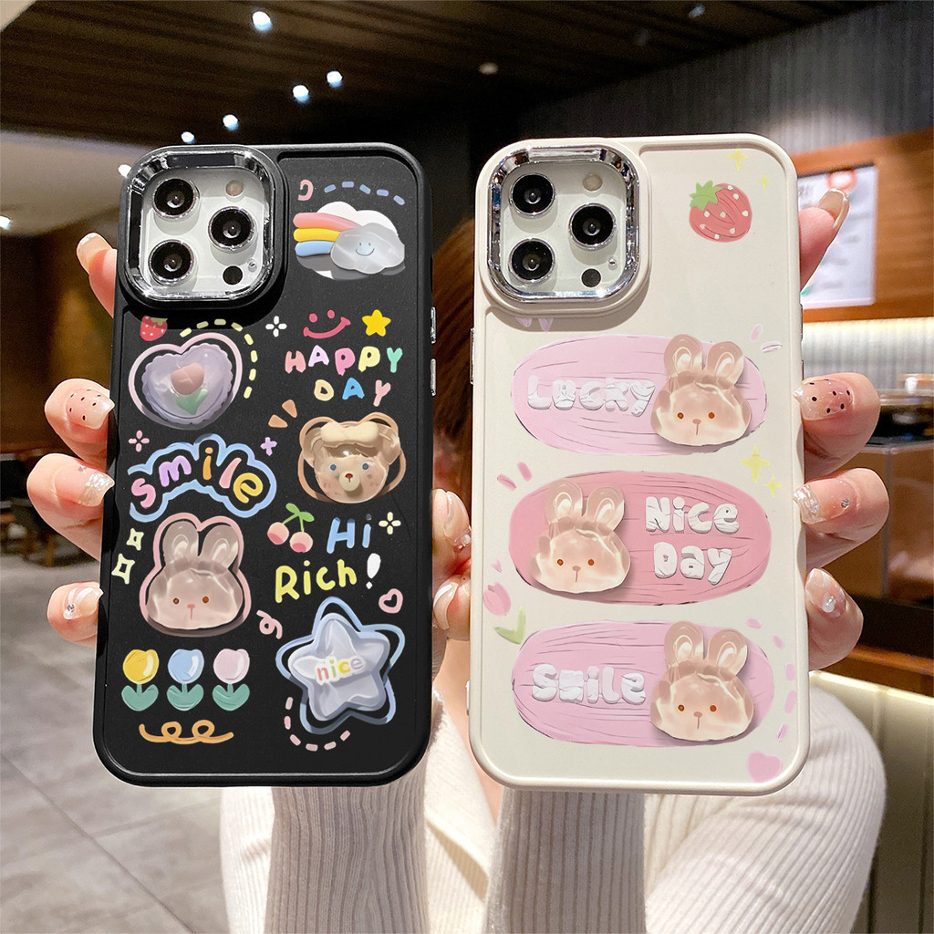 สําหรับ IPhone 14 11 12 13 15 PRO MAX 6 7 6S 8 14 15 Plus XR XS MAX 6SPlus 7Plus 6Plus 8Plus 14Plus 15Plus XSMAX SE 2020 น่ารักและหวานหมีกระต่ายเลนส์โลหะซิลิโคนกรณี