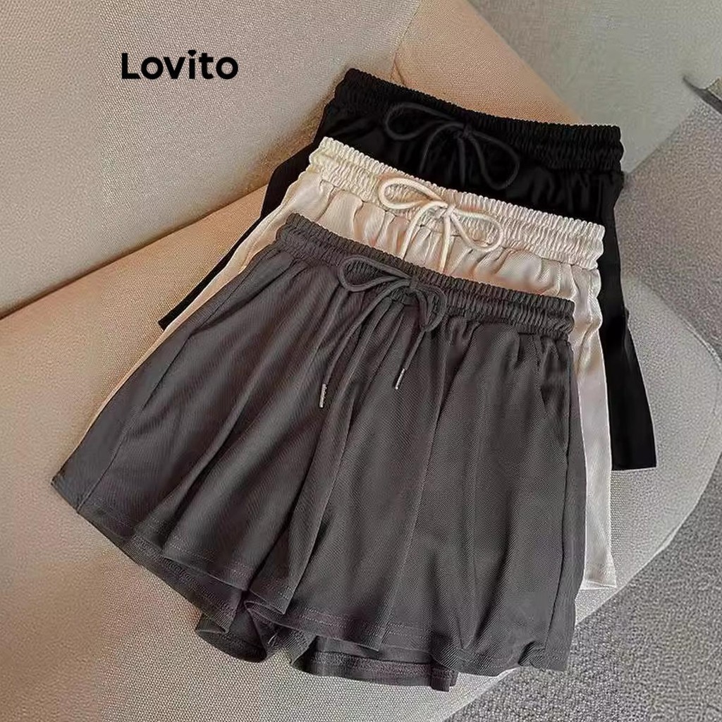 Lovito กางเกงกีฬาขาสั้นผู้หญิง เชือกรูด สีพื้น สไตล์ลำลอง LNL54123