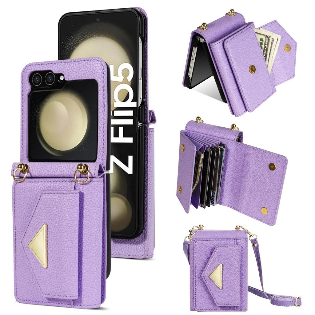 SAMSUNG กระเป๋าสตางค์crossbodyพร้อมผู้ถือบัตรเคสโทรศัพท์สําหรับsamsung Galaxy Z Flip 6 5 4 3 Flip6 Flip5 Flip4 Flip3 หนังPUกันกระแทก