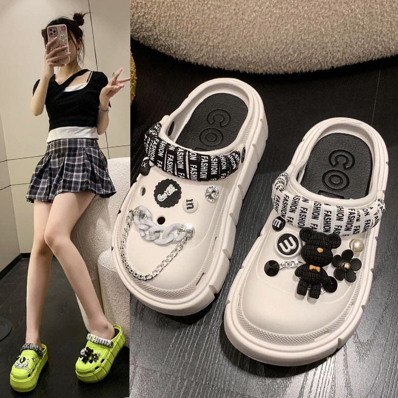 ฤดูร้อน 7 ซม.หนา Soled Hole รองเท้าผู้หญิง Toe-Covered สวมใส่ด้านนอกรองเท้าแตะชายหาด Anti-Slip สวมใส่แพลตฟอร์มรองเท้า Paris High-End DAY Series Breathable ตาข่ายออกแบบ