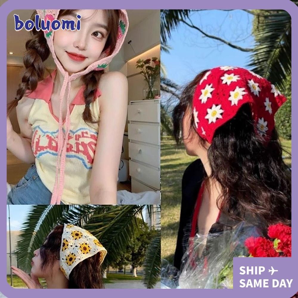 โบลูโอ ที่คาดผมสามเหลี่ยม,สไตล์พระฝรั่งเศสเดซี่ดอกไม้ผ้าคลุมศีรษะหมวก,แฟชั่นดอกไม้สตรอเบอร์รี่แฮนด์เมดโครเชต์ถักสาวคาดศีรษะผ้าขนหนูสําหรับฤดูใบไม้ผลิฤด