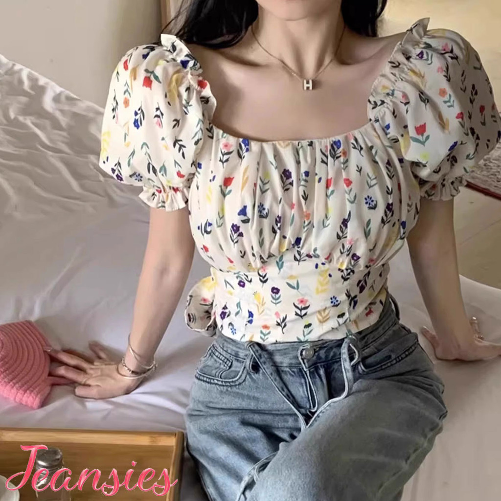 เสื้อครอปแขนตุ๊กตา ลายดอกไม้สุดน่ารัก สไตล์เกาหลี รุ่นใหม่ล่าสุด