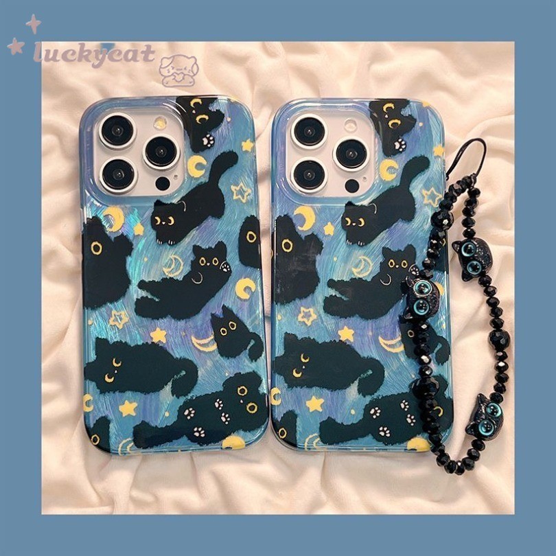 Iphone 15 14 13 12 11 Pro Max X Xr Xs Max 7 8 Plus SE2020 เคสโทรศัพท์Insที่โดดเด่นน่ารักแมวดํา + Lanyardฝาครอบโทรศัพท์นุ่ม