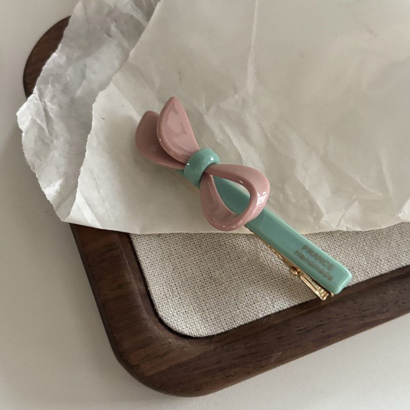 กิ๊บติดผมโบว์กรดอะซิติกสีสันสดใสคลิปปากเป็ดหน้าม้าสีชมพู - รูปที่ 4