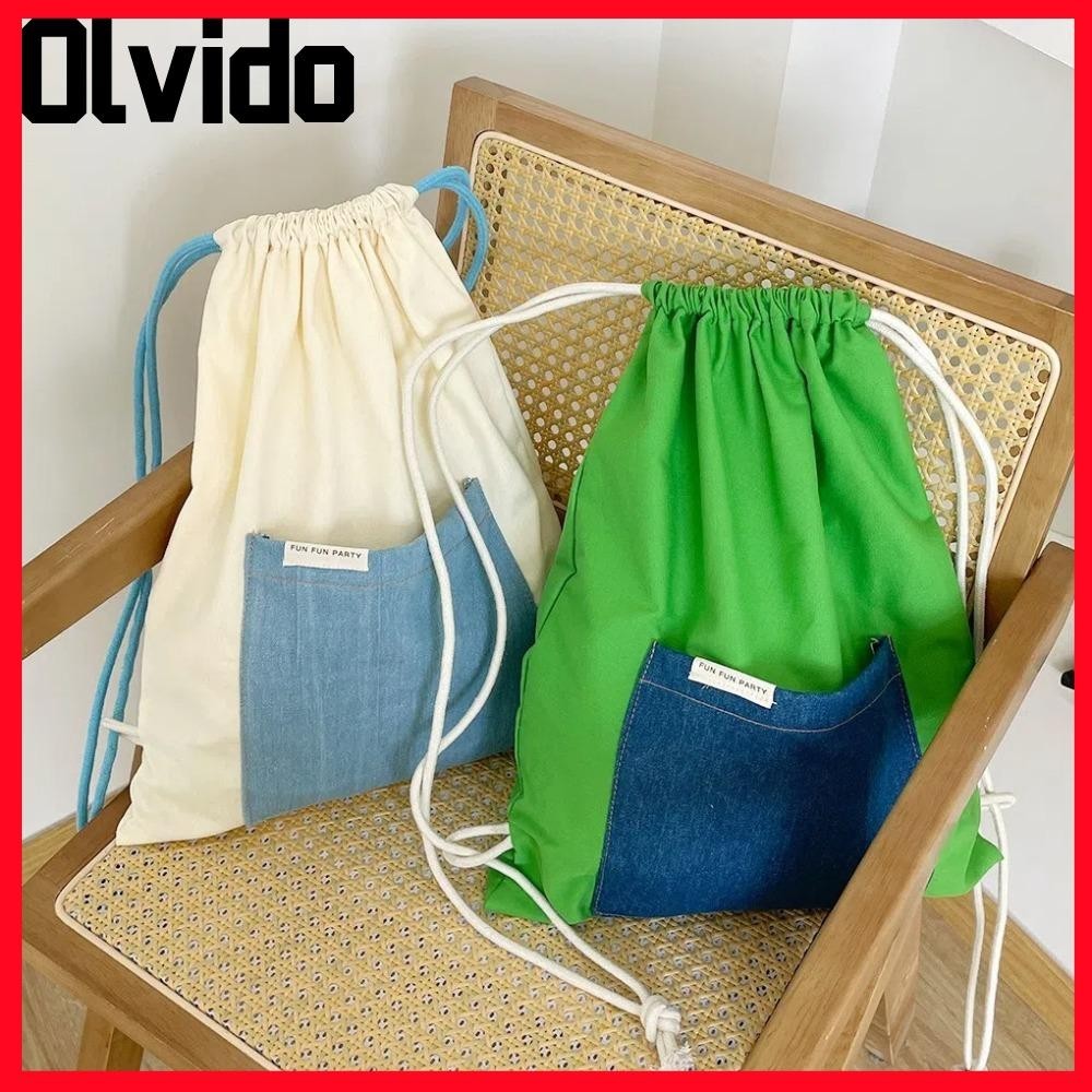 กระเป๋านักเรียนนักเรียน OLVIDO,ความจุขนาดใหญ่ Patchwork Drawstring Backpack,ผ้าใบ Contrast Color Cycling Backpack Travel