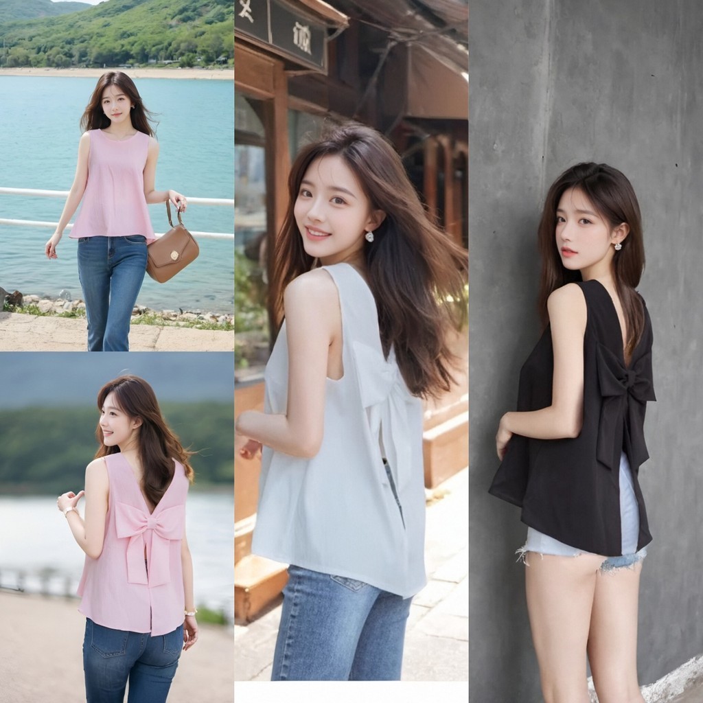 เสื้อแขนกุดโบว์น่ารัก เสื้อคอวีเซ็กซี่เบาๆ ที่มีดีไซน์งานดีทรงสวยที่สะท้อนเสน่ห์สาวๆ
